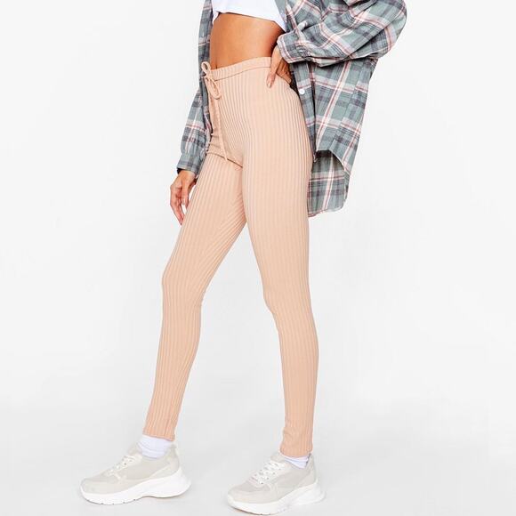 Nasty Gal High Rise Nude Tan Beige Ribbed Knit Jogger Pants Leggings 4 Small - Picture 2 of 7